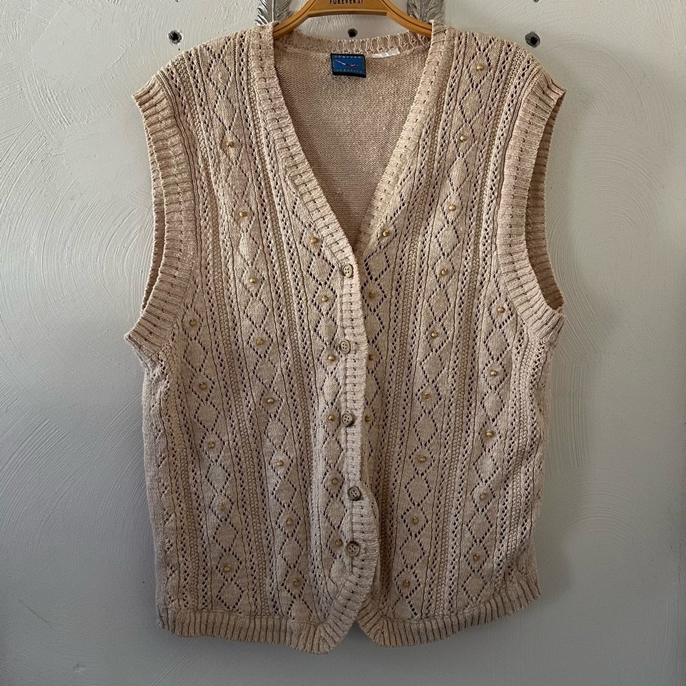 Vintage Jantzen Sweater Vest Bohemian Beaded Knit Tan Fairy Whimsigoth Cream